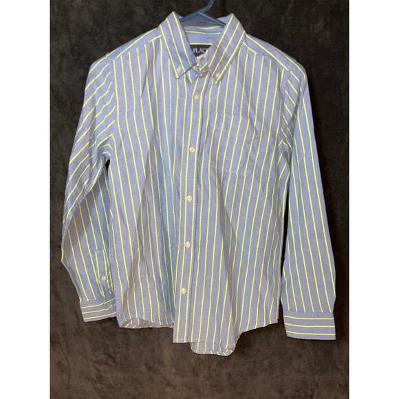 Boys NWT Children’s Place Blue & Yellow Striped Long Sleeve Button Down Shirt 10 - Picture 1 of 6